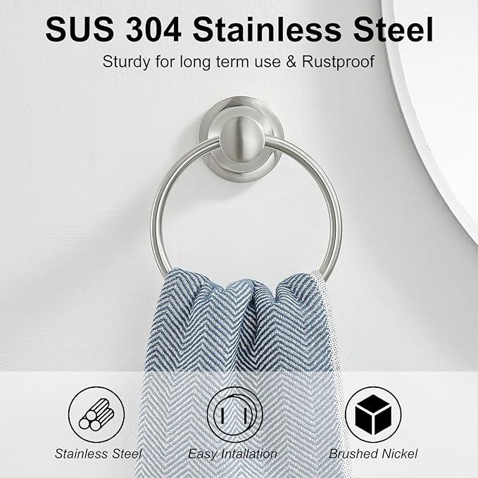 BESy Brushed Nickel Bathroom Hand Towel Ring Towel Holder, Rustproof Wall Mounted Bathroom Hardware Accessory SUS 304 Stainless Steel Towel Rack - ModernBath