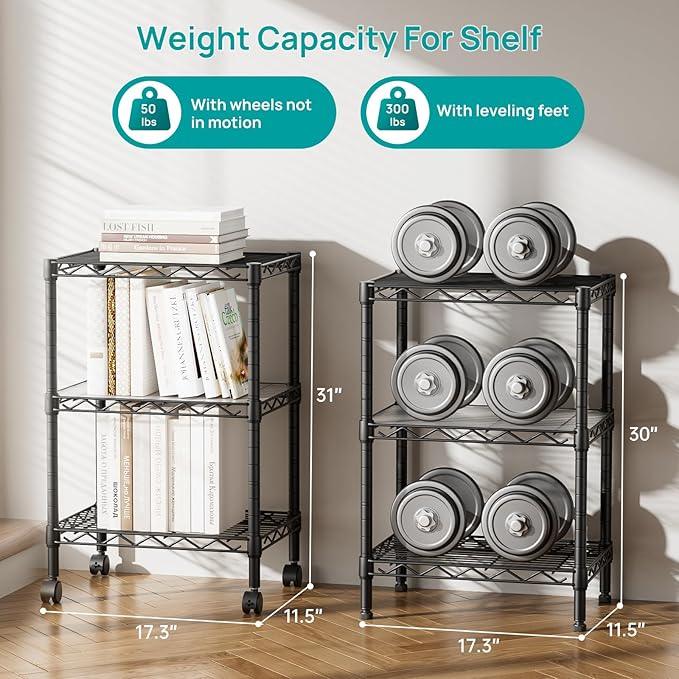 SINGAYE 3 Small Shelves Storage Shelf Wire Shelving Unit Metal Shelf Adjustable Organizers Storage Shelving with Wheels for Bathroom Laundry Room Kitchen Pantry11.5”D x 17.3”W x 30”H Black - ModernBath