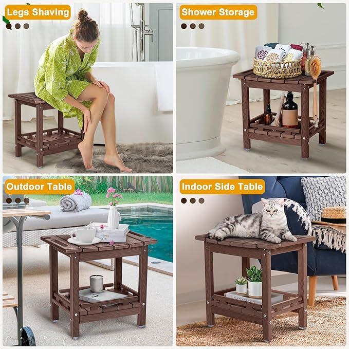 nalone Shower Bench, HDPE Shower Benches for Inside Shower, Small Shower Chair Seat for Shaving Legs with Storage Shelf & Handles, Indoor and Outdoor Use (Wood) - ModernBath