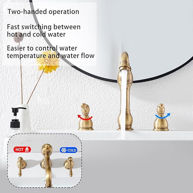 GGStudy 2 Handles 3 Holes Faucet Widespread Bathroom Sink Faucet Basin Tap Mixer Supply Hose Included Matching Pop Up Drain Antique Brass - ModernBath