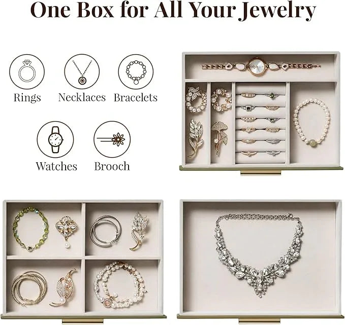 Jewelry Box Organizer Case for Women: 3-Layer Jewelry Storage Case with Glass Window, Olive Green Leather with Cream Velvet, Holder for Ring Necklace Bracelet Brooch Watch, Great Gift for Her - ModernBath