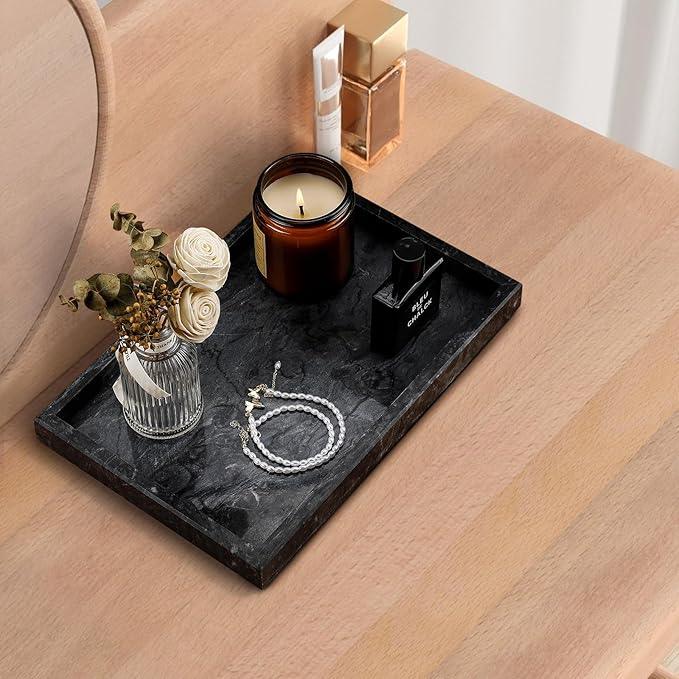 Zilukar Real Natural Marble Tray for Bathroom, Vanity, Kitchen and Desktop, Rectangle Genuine Marble Stone Tray for Jewelry, Cosmetics, Candles, Lotion, Perfume and Home Decor Black - ModernBath