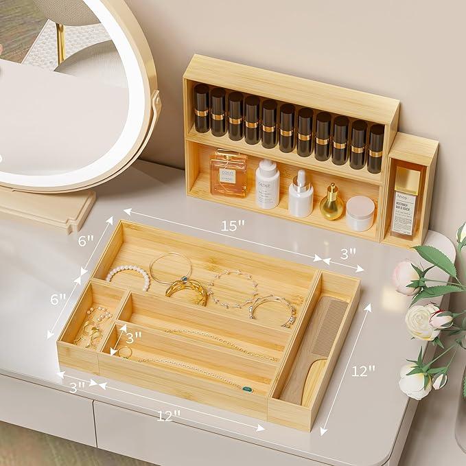 Kitchen Drawer Organizer Tray, Stackable Bamboo Deep Drawer Organizer for Large Silverware, Utensils, Cutlery, Flatware,Junk Drawer, Dresser, Bathroom, 17" x 6" x 2.5" (Set of 2) - ModernBath