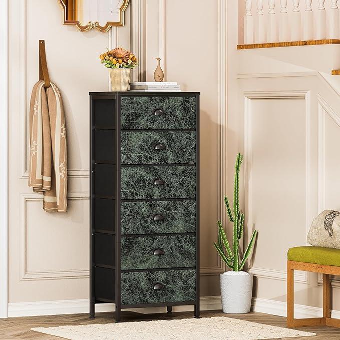 Furnulem Vertical Dresser for Bedroom,Tall Storage Tower Unit and Chest with 6 Drawers,Vintage Green Nightstand Furniture with Fabric Drawer Organizer in Dorm, Living Room,Closet,Entryway,Hallyway - ModernBath