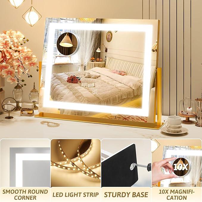 ROLOVE Vanity Mirror with Lights 22"x18", Lighted Makeup Mirror with 10X Magnification, Smart Touch 3 Colors Dimmable, 360° Rotation, Women Gift, Dresser Mount, Bathroom (Gold) - ModernBath