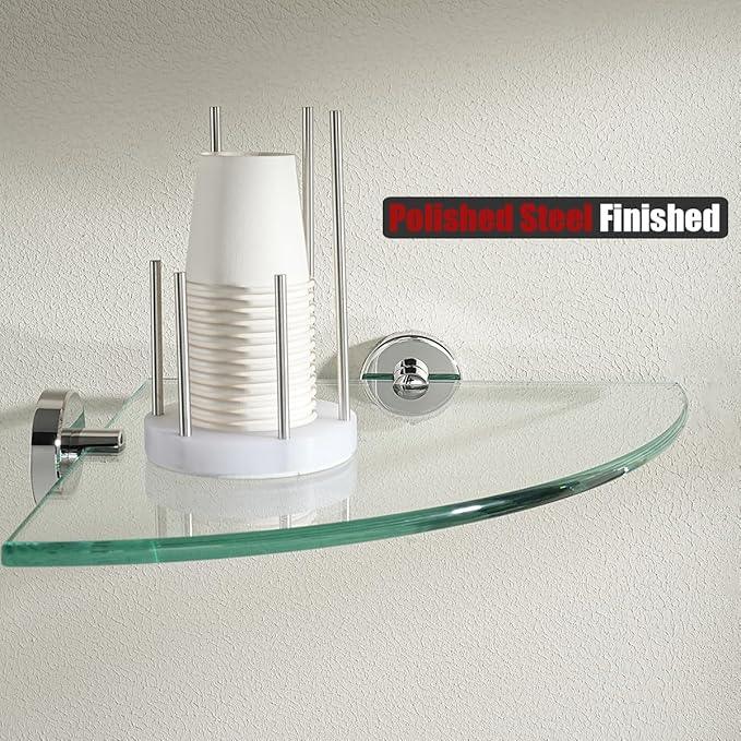 JQK Corner Glass Shelf, Polished Chrome Bathroom 304 Stainless Steel Shower Triangle Floating Wall Shelf, 10 x 10 Tempered Glass, 2 Pack, TGS190L10-CH-P2 - ModernBath