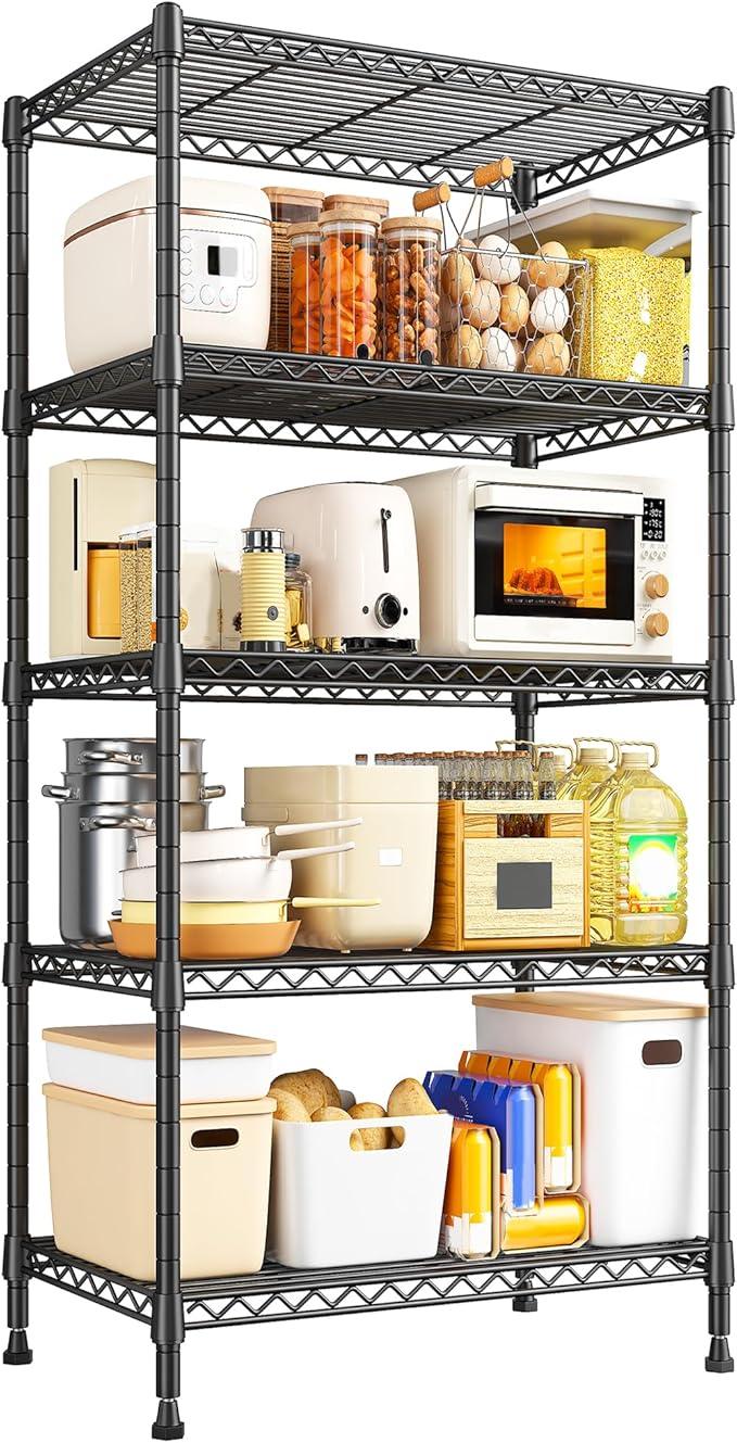 REIBII Metal Shelving 5 Tier Wire Sturdy Storage Shelves Adjustable Steel Organizer Wire Rack for Kitchen Laundry Room Commercial School Storage Room Black 63“Hx 21.65“L x 11.8”D - ModernBath