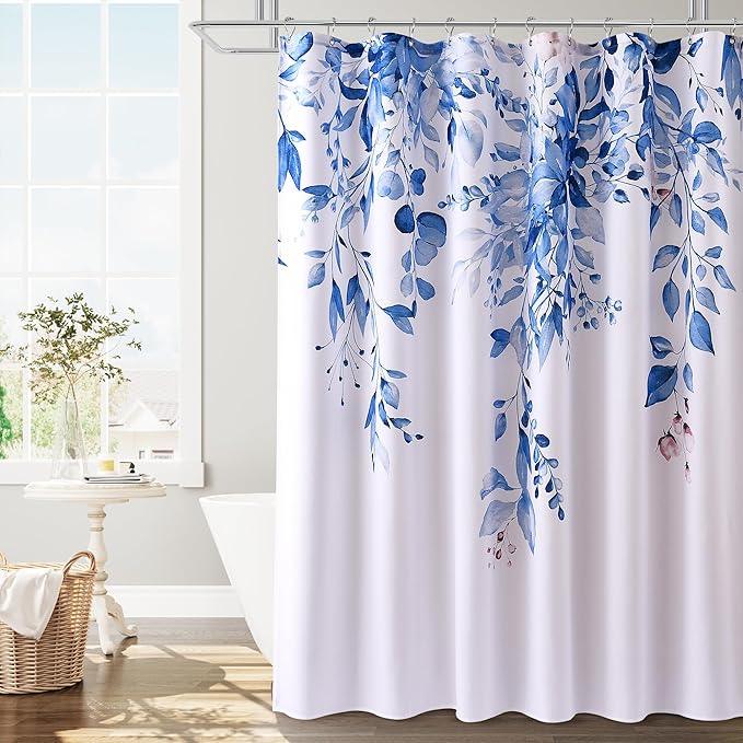 BOODII Blue Plant Watercolor Shower Curtains 72 inches Long Floral Leaf Shower Curtain for Bathroom Botanical Leaves Hunter Blue Eucalyptus Curtain Jungle Bathroom Decor 72x72 - ModernBath