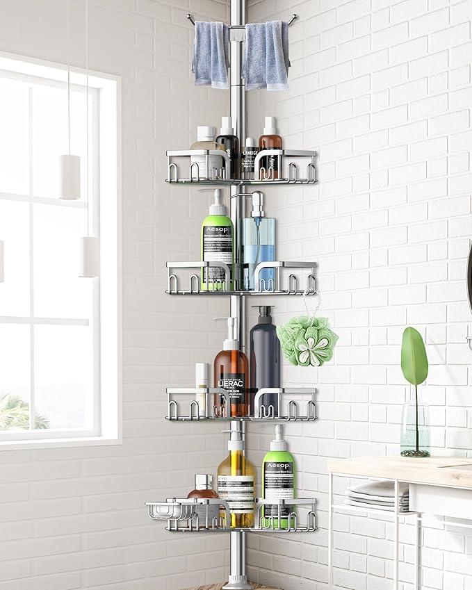 Corner Shower Caddy Tension Pole,39-113 inch Adjustable Rustproof Floor Standing Bathroom Shower Organizer Shelf with 4 Basket for Bathtub,Inside Shower Shampoo Storage Silver - ModernBath