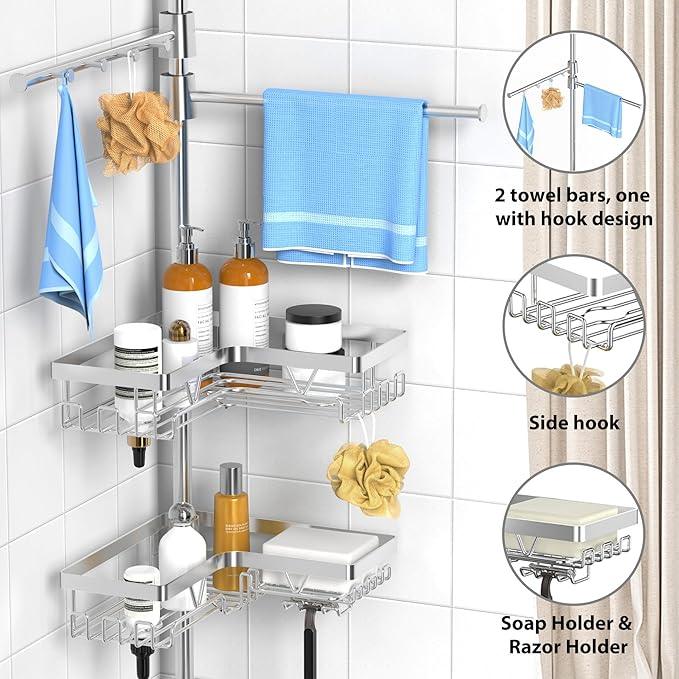 KEGII Bronze Shower Caddy Tension Pole with 2 Towel Bars, Adjustable Corner Bathroom Organizer, Rustproof Bathtub Storage Shelves for Shampoo, 25–114.2 Inch Shower Corner Rack for Renters & Family - ModernBath