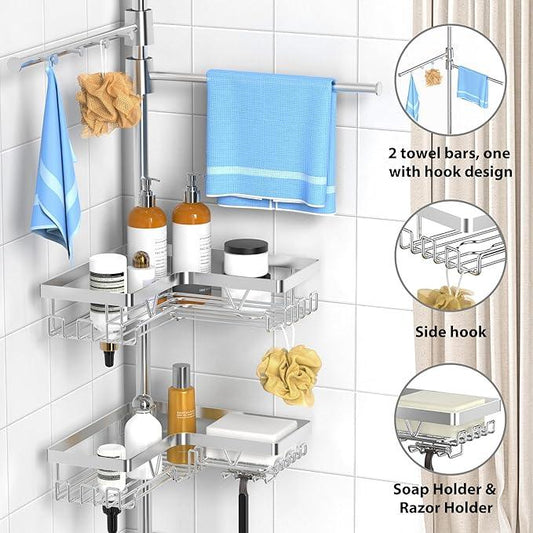 KEGII Bronze Shower Caddy Tension Pole with 2 Towel Bars, Adjustable Corner Bathroom Organizer, Rustproof Bathtub Storage Shelves for Shampoo, 25–114.2 Inch Shower Corner Rack for Renters & Family - ModernBath