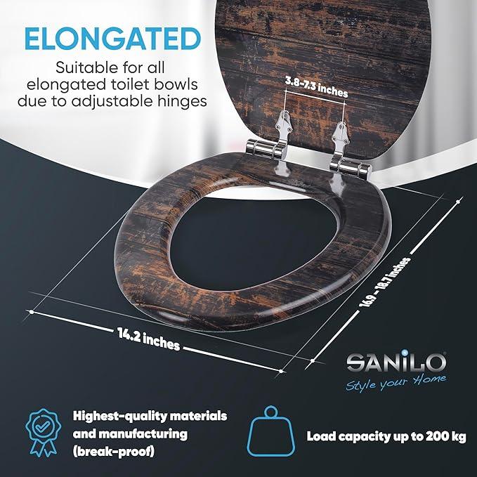 SANILO Wooden Toilet Seat with Soft Close [ELONGATED] - Decorative, Quiet & Slow Close Molded Wood Seat - With Strong Bumpers & Hinges - Adjustable Fit - Vintage - ModernBath
