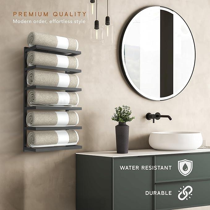 Modern Tiered Towel Rack - Wall-Mounted Metal Towel Shelf for Bathroom, Space-Saving Storage for Towels, Organizers, and Home Decor (Black, 6-Tier) - ModernBath