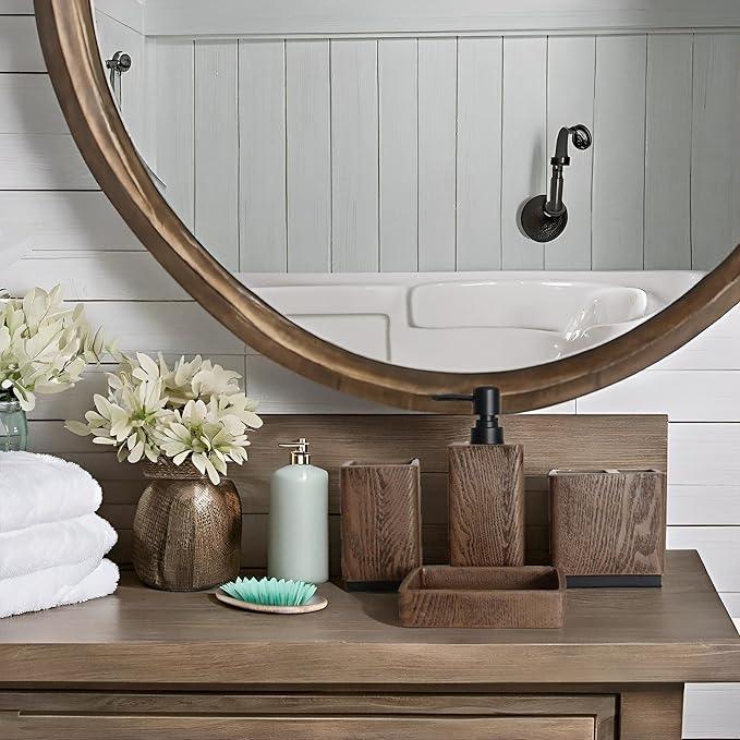 Hymmah Wood Grain Design Bathroom Accessories Set,Farmhouse Bathroom Decor,4 Pcs Resin Gift Set Apartment Necessities, Contain Cotton Swab Jar,Soap Dispenser,Tumbler，Soap Dish/Tray - ModernBath