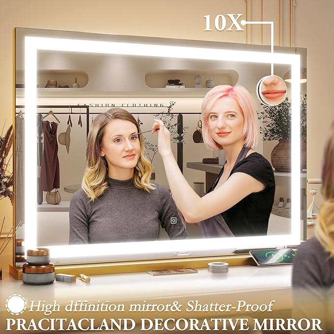 ROLOVE Vanity Mirror with Lights, 32" x 22" Large Lighted Vanity Mirror with Dimmable 3 Modes, LED Makeup Mirror, 10X Magnification, USB Charging Port, Tabletop or Wall-Mounted Square Gold - ModernBath