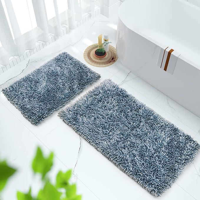 Yimobra Bathroom Rug Set 2 Piece, Luxury Shaggy Bath Mat Set with Non Slip Backing, Ultra Soft & Absorbent Mats for Bathroom Floor, Machine Washable, 44"x24"+24"x17", Light Blue - ModernBath