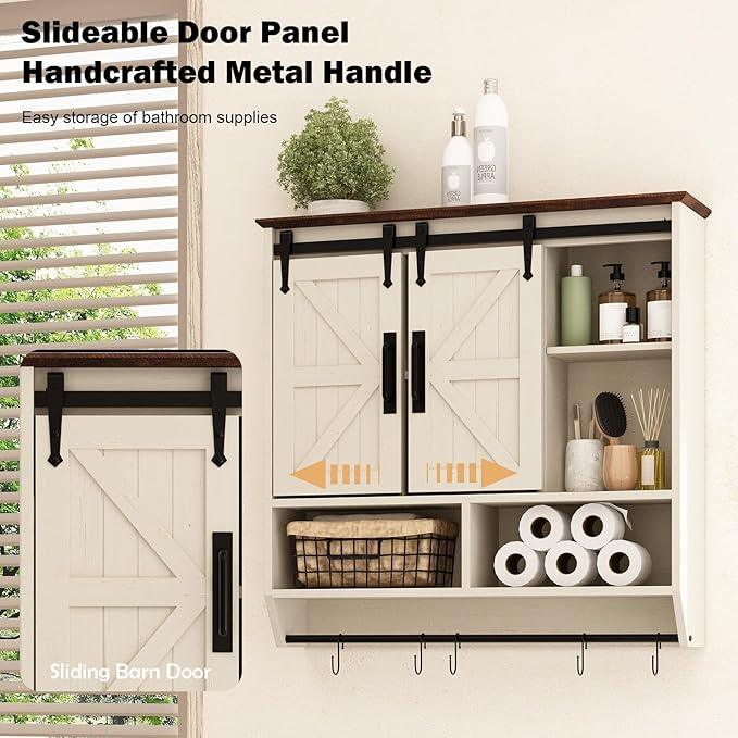 RUSTOWN Farmhouse Bathroom Wall Cabinet,3-Tier Rustic Wood Wall Mounted Cabinets,Vintage Medicine Cabinet with Sliding Barn Door and Adjustable Shelves,Over The Toilet Storage Cabinet (Vintage White) - ModernBath