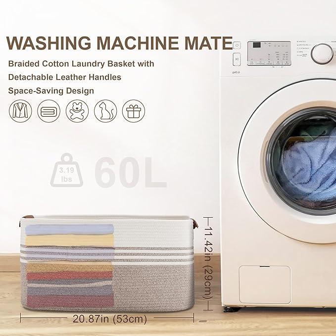 60L Large Laundry Basket with Leather Handles for Living Room Storage, Woven Rope Baskets Bin for Blanket, Kids Toy, Gifts, Wicker Hamper for Bedroom Dirty Clothes, White Brown - ModernBath