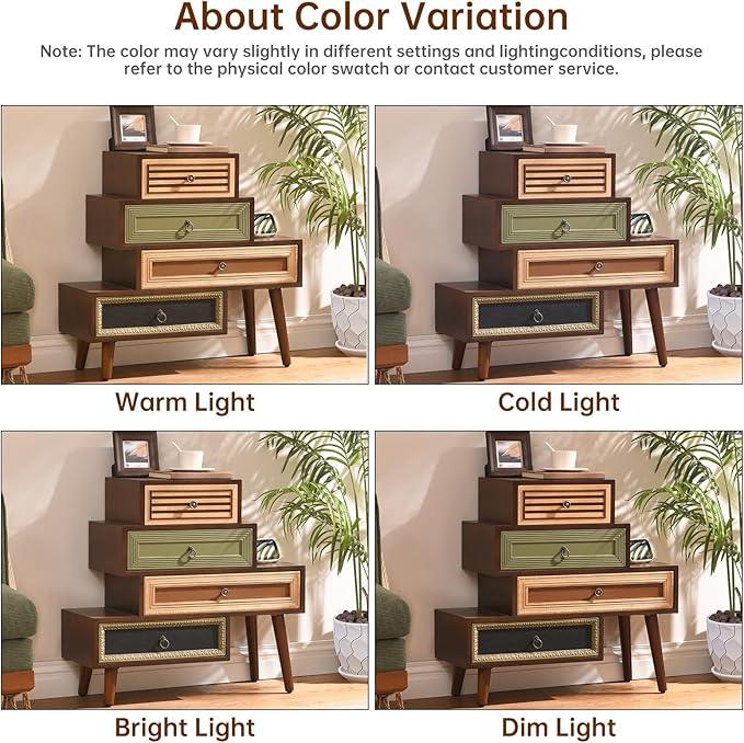 Vintage Accent Chest with 4 Drawers, Asymmetrical Stacked Design, Multicolored Hand-Carved Decorative Rustic Cabinet for Living Room, Entryway - ModernBath