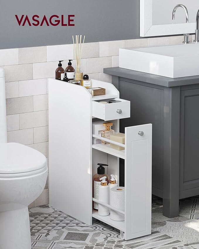 VASAGLE Slim Storage Cabinet, Narrow Storage Organizer with Slide Out Drawers, Freestanding Toilet Paper Holder, Small Space Skinny Cabinet for Bathroom Kitchen Corner, Cloud White UBBC847P31 - ModernBath