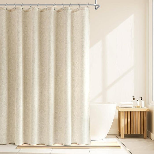 Jowels Natural Linen Shower Curtain, Boho Farmhouse Shower Curtain Set for Bathroom, 200GSM Luxury Weighted Water Resistant Fabric Textured Shower Curtains with 12 Metal Hooks, 72Wx72H - ModernBath