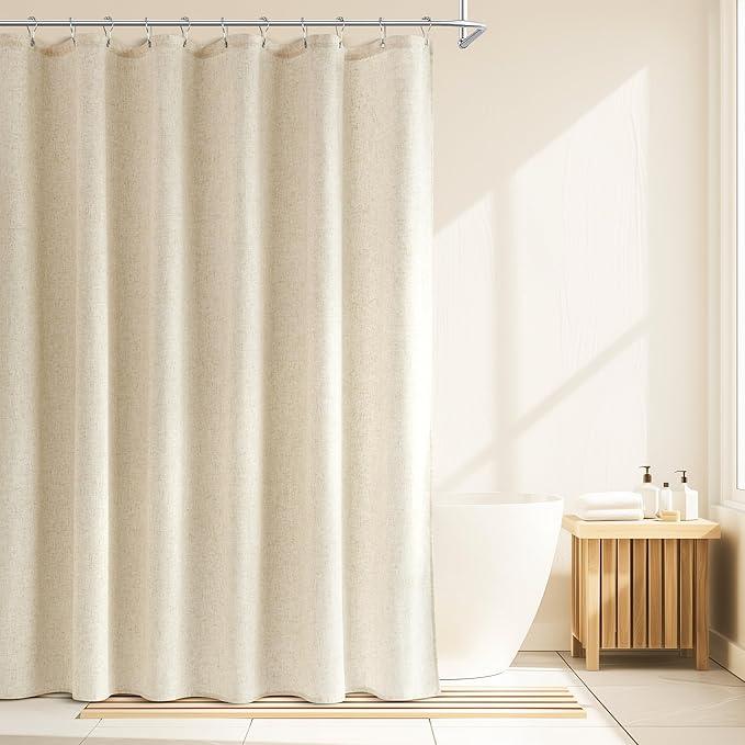 Jowels Natural Linen Shower Curtain, Boho Farmhouse Shower Curtain Set for Bathroom, 200GSM Luxury Weighted Water Resistant Fabric Textured Shower Curtains with 12 Metal Hooks, 72Wx84H - ModernBath