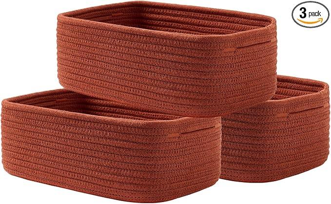 Small Woven Basket, 12 x 8 x 4.5 Inches, Storage Basket for Organizing, Cute Small Rope Shelf Closet Cube Storage Bins Baskets for Shelves, Dog Toy Gift Baskets Empty, 3 Pack Rust Red - ModernBath