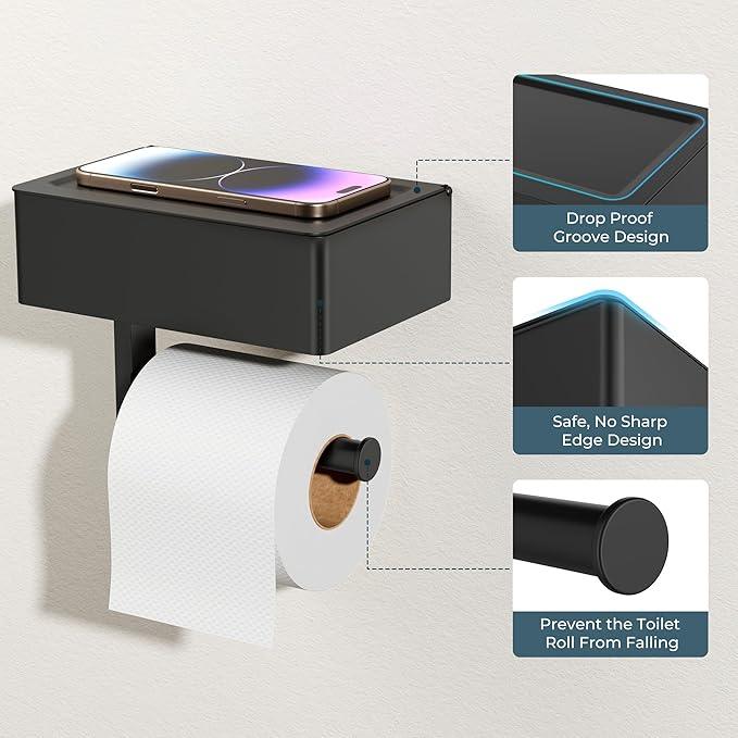 FORIOUS Toilet Paper Holder with Shelf, SUS304 Stainless Steel Wall Mount Toilet Paper Roll Holder, Flushable Wipes Dispenser Fits for Bathroom Wipe Storage, Bathroom Organizer (Matte Black) - ModernBath