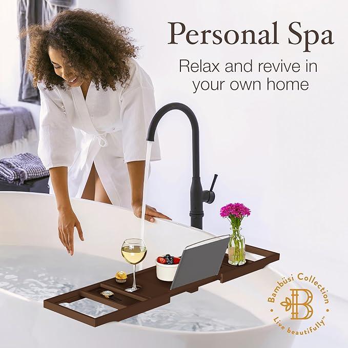 Wooden Bathtub Tray - Foldable & Expandable Bamboo Bath Tray for Tub with Wine Holder, Book & Tablet Stand - Bath Caddy Tray for Bathtub, Spa Bath Accessories, Tub Tray Table, (Brown) - ModernBath