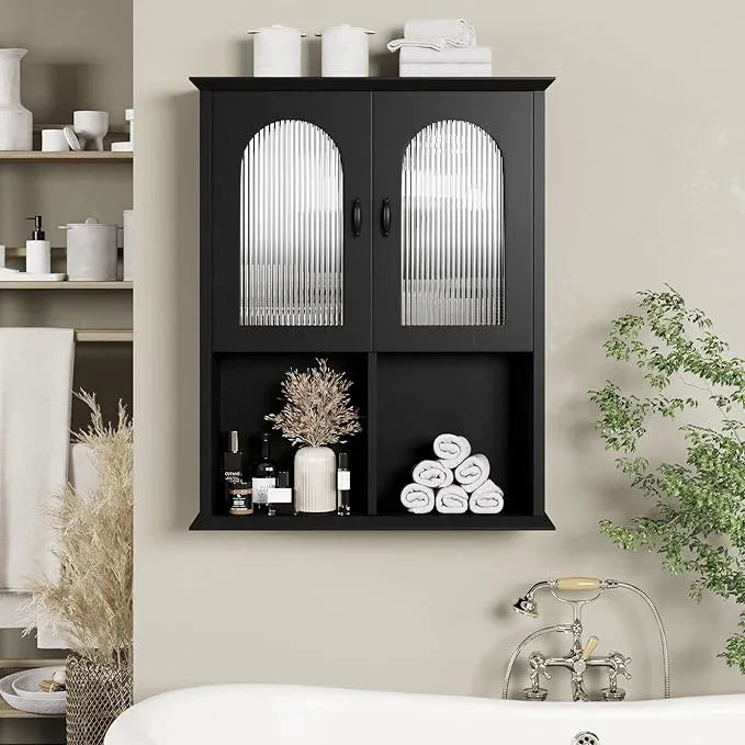 CJL Bathroom Wall Cabinet with Fluted Door, 23.6'' x 29.5'' Medicine Cabinet, Over The Toilet Storage Cabinet, Black - ModernBath