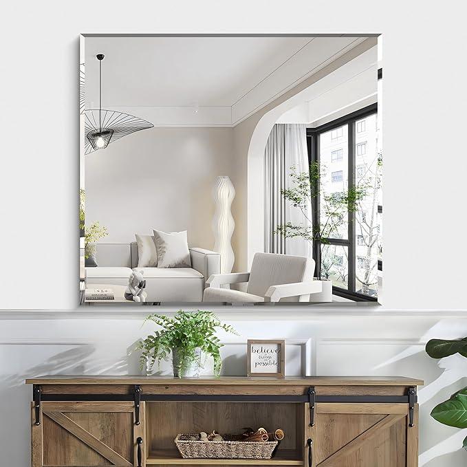 KOCUUY Beveled Mirror, 40x36 Inch Large Frameless Bathroom Mirror for Over Sink, Upgraded Shatterproof Beveled Unframed Design Mirror for Bathroom, Bedroom, Hang Horizontal/Vertical - ModernBath