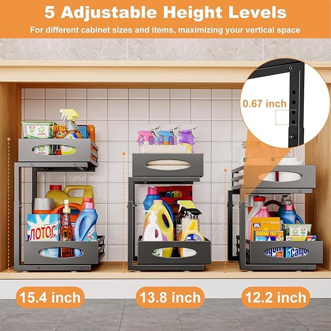 Under Sink Organizer, 2 Tier Under Sink Organizers and Storage, Adjustable Height, Slide out Metal Cabinet Organizers, Pull out Cabinet Storage Drawer Shelf for Kitchen Bathroom - ModernBath