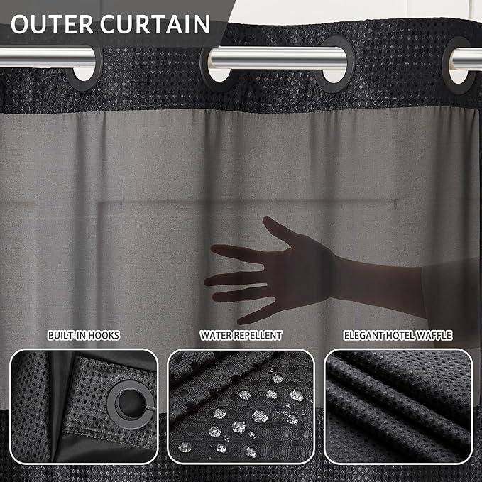 Black No Hook Double Shower Curtain Set with Snap in Liner,Heavy Duty Waffle Weave Textured Fabric Bathroom Curtains with See Through Window,Machine Washable & Waterproof,Hotel Qulity,71x72 Inch - ModernBath
