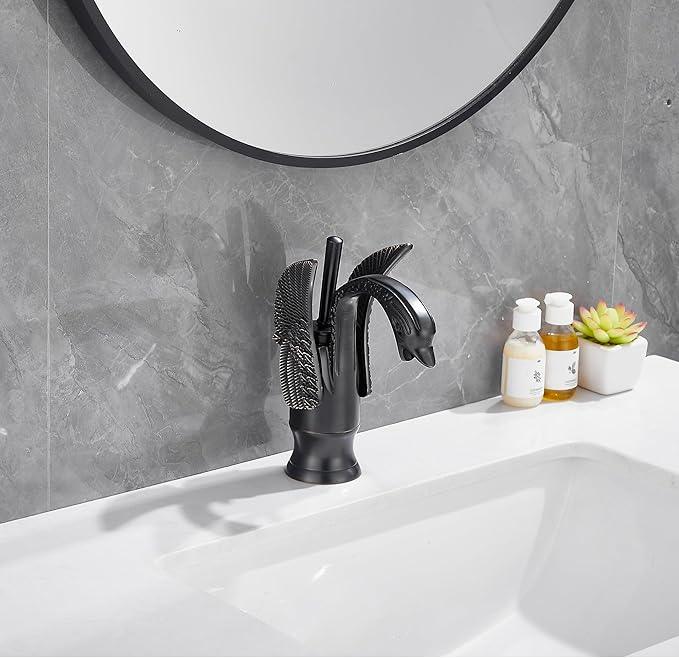 GGStudy Oil Rubbed Bronze Bathroom Faucet Swan Shape Single Handle One Hole Bathroom Vanity Faucet Basin Tap Deck Mount Lavatory - ModernBath