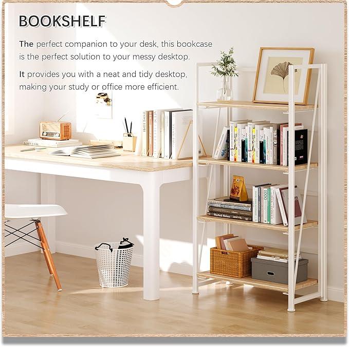 4NM No Assembly Folding Bookshelf Storage Shelves 4 Tiers Vintage Bookcase Standing Racks Study Organizer Home Office (Natural White) - ModernBath