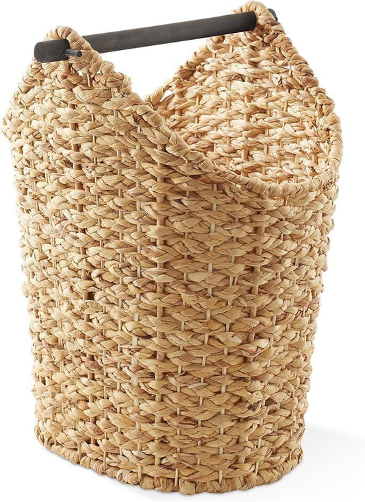Casafield Toilet Paper Storage Basket with Wood Roll Holder Bar - Natural, Braided Water Hyacinth Wicker Bathroom Tissue Storage Organizer - ModernBath