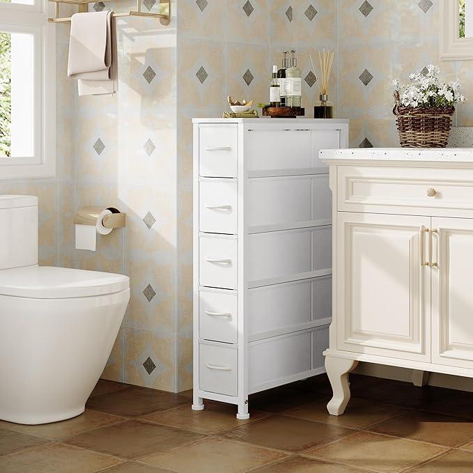 Narrow Dresser Storage Tower with 5 Drawers, Slim Dresser Chest of Drawers with Steel Frame, Wood Top, Dresser for Bedroom, Bathroom, Small Spaces, Laundry, Closet, White - ModernBath