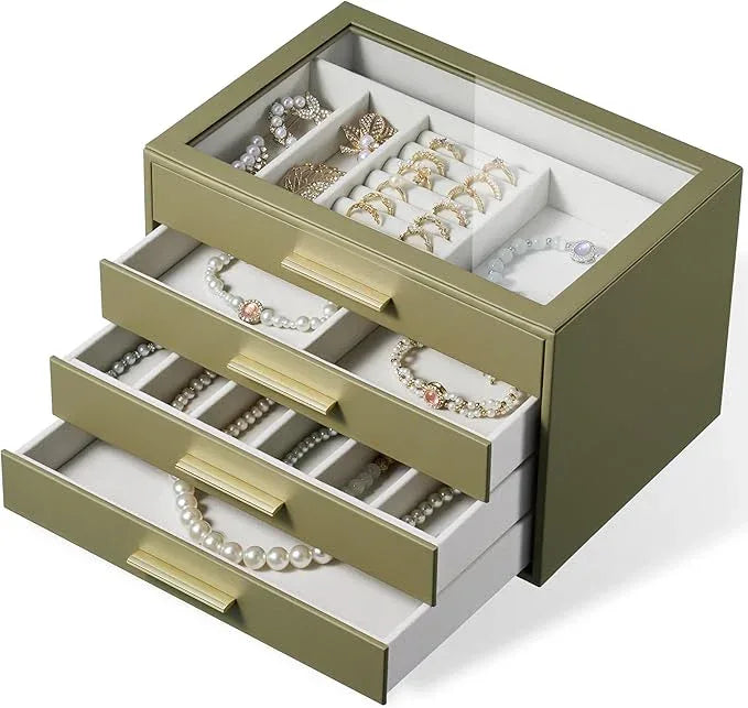 Jewelry Box Organizer Case for Women: 4-Layer Jewelry Storage Case with Glass Window, Olive Green Leather with Cream Velvet, Holder for Ring Necklace Bracelet Brooch Watch, Great Gift for Her - ModernBath