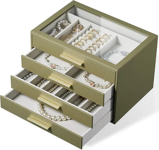 Jewelry Box Organizer Case for Women: 4-Layer Jewelry Storage Case with Glass Window, Olive Green Leather with Cream Velvet, Holder for Ring Necklace Bracelet Brooch Watch, Great Gift for Her - ModernBath