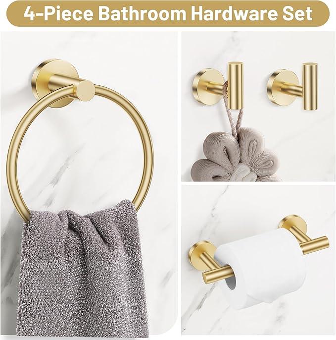Lairuier Brushed Gold Towel Holder Set Include Double Bases Toilet Paper Holder,Towel Ring and 2 Towel Hooks Stainless Steel Wall Mounted Bathroom Hardware Accessories Set - ModernBath