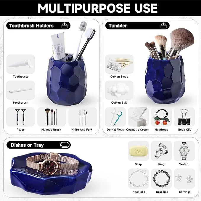 Ceramic Bathroom Accessories Set 4 PCS,Bathroom Toothbrush Holder Set,Soap and Toothbrush Holder Set,Include Toothbrush Holder,Soap Dispenser,Tumbler,Soap Dish,Bathroom Sets Decor Organizer(Navy Blue) - ModernBath