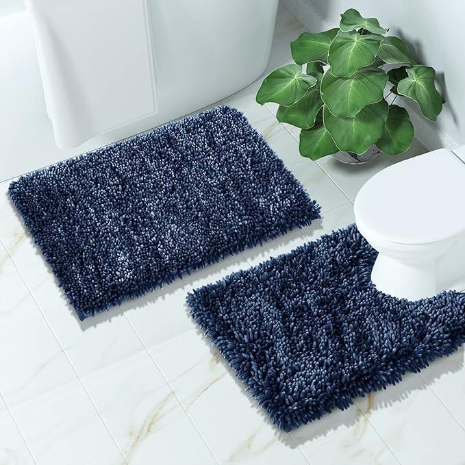 Yimobra Bathroom Rugs Sets 2 Piece, Soft Absorbent Bath Mat and U-Shaped Toilet Rug with Non Slip Backing, Luxury Shaggy Bath Mats for Bathroom, Machine Washable, 24"x17"+24"x20", Blue - ModernBath