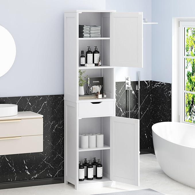 Vongrasig Tall Bathroom Storage Cabinet, 64”H Narrow Storage Unit for Small Spaces, Freestanding Modern Cabinet with Adjustable Shelves for Bathroom, Living Room, Kitchen, White - ModernBath