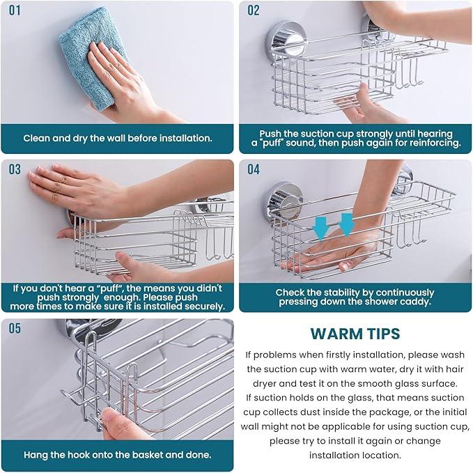 TAILI Shower Caddy Suction Cup 2 Pack with Hooks and Soap Holder, Heavy Duty Shower Organizer for Bathroom, No Drilling Silver bathroom suction shelves - ModernBath