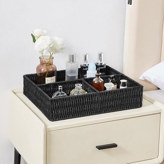Vagusicc Wicker Divided Storage Basket, Black Wicker Baskets, Basket for Shelves Drawer Organizing, 3 Section Rectangular Woven Storage Baskets, 2-Pack - ModernBath
