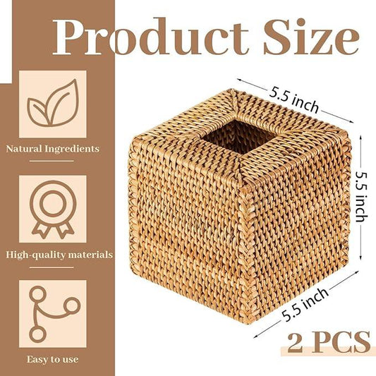 Kigley 2 Pcs Square Rattan Tissue Box Cover Boho Wicker Tissue Cube Box Cover 5.5'' x 5.5'' x 5.5'' Decorative Natural Wicker Hand Woven Napkin Box Holder Bathroom Office Car Accessories (Wood) - ModernBath