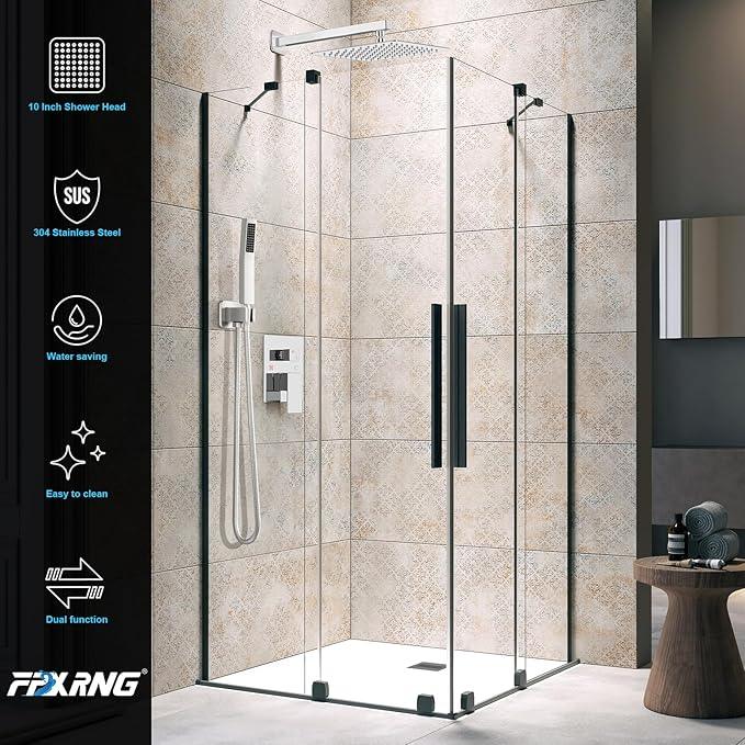 FPXRNG Shower Faucet Set Bathroom Square Rain Shower Head and Handle Set, Wall Mounted Shower Fixtures, Full Metal Trim Repair Kit 12 inch Polished Chrome (With Shower Valve) - ModernBath