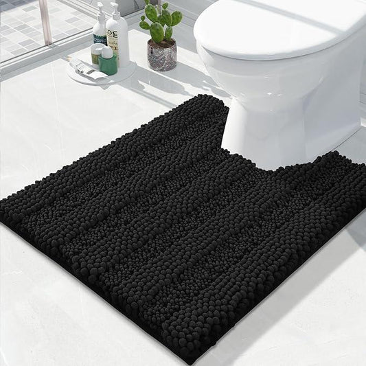 Yimobra Toilet Rugs U Shaped Washable 24 x 20, Non Slip and Super Absorbent Toilet Mat, Quick Dry, Ultra Luxury Microfiber Chenille Plush Fluffy Contour Bath Rugs for Toilet Base, Black - ModernBath