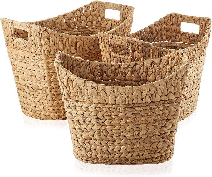 Casafield Set of 3 Stackable Oval Laundry Baskets with Handles - Natural, Woven Water Hyacinth Storage Totes for Throw Blankets, Bathroom, Bedroom, Living Room - ModernBath