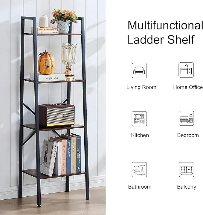 Hoctieon 4-Tier Industrial Ladder Bookshelf, Narrow Ladder Shelf, Tall Standing Bookshelf, Skinny Open Ladder Shelf, for Living Room, Home Office, Kitchen, Bedroom, Metal Frame, Rustic Brown - ModernBath